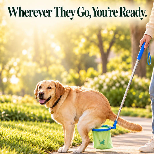 Scoop No Poop catcher held under a dog on a walk