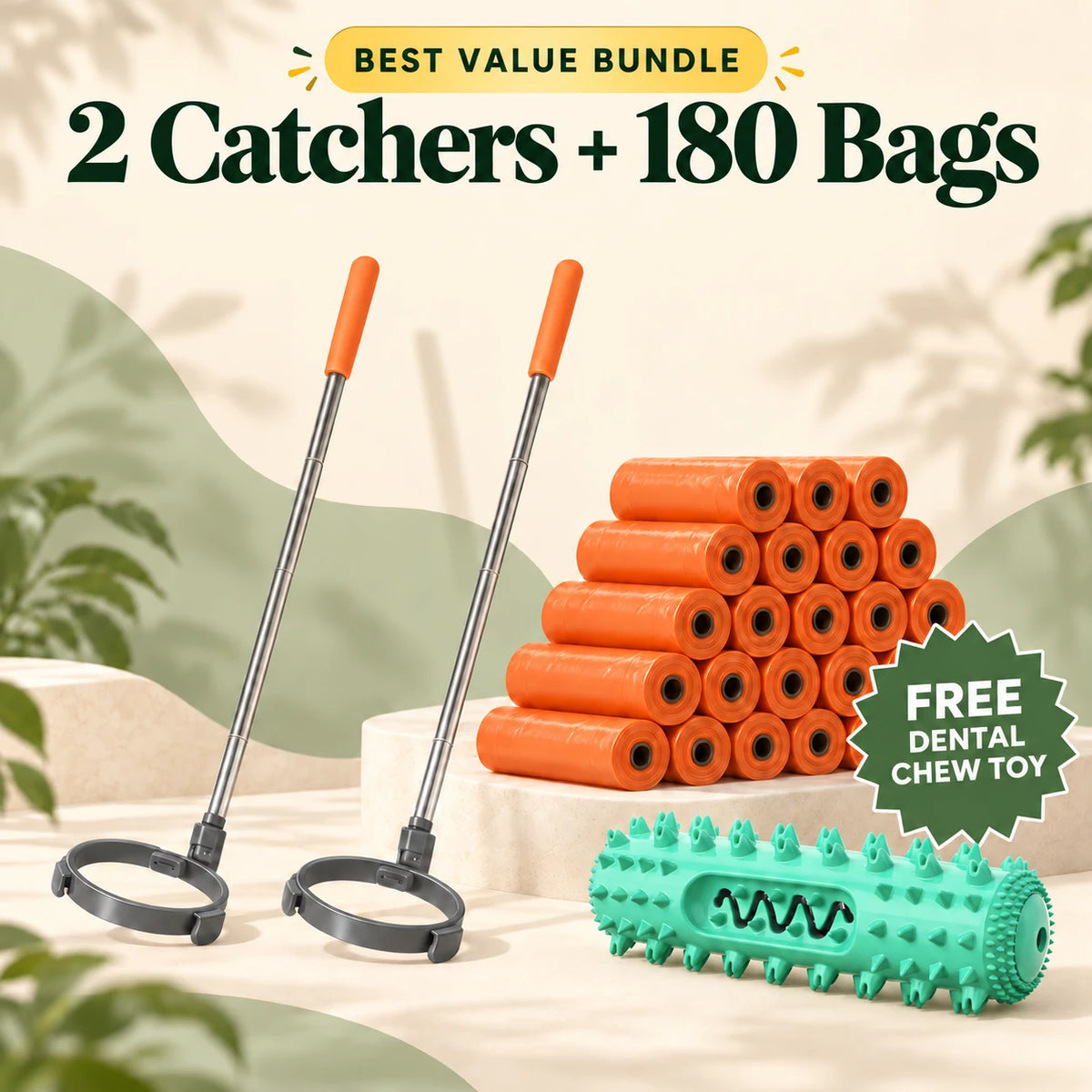 2 Catchers plus 180 bags and free dental chew toy bundle